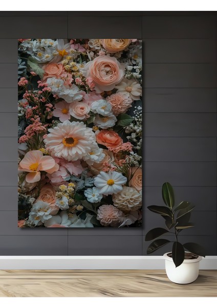 Pastel Pembe Şakayik Gül Buketi Yağlı Boya Görünümlü Ahşap Dekoratif Tablo Dikdörtgen Tablo