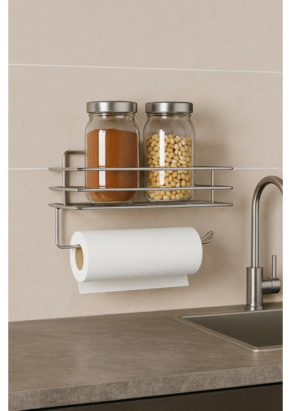 Yapışkanlı Krom Raflı Kağıt Rulo Havluluk Peçetelik Havlu Kağıtlık Mutfak Düzenleyici Raf Baharatlık