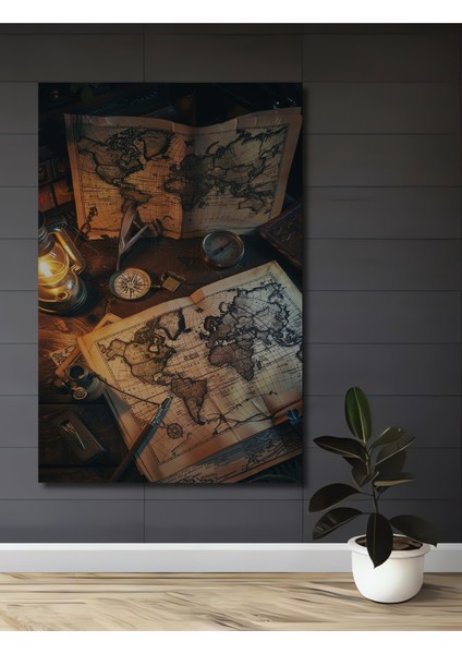 Antika Dünya Haritası Yağlı Boya Görünümlü Ahşap Dekoratif Tablo Dikdörtgen Tablo