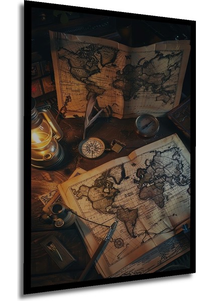 Antika Dünya Haritası Yağlı Boya Görünümlü Ahşap Dekoratif Tablo Dikdörtgen Tablo