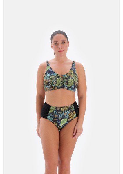 Tropik Desenli Yüksek Bel Büyük Beden Bikini Takımı