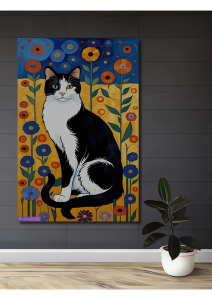 Siyah Beyaz Kedi Renkli Çiçekler Yağlı Boya Görünümlü Dekoratif Ahşap Tablo Dikdörtgen Tablo