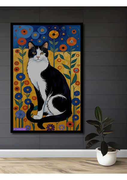 Siyah Beyaz Kedi Renkli Çiçekler Yağlı Boya Görünümlü Dekoratif Ahşap Tablo Dikdörtgen Tablo fiyatları