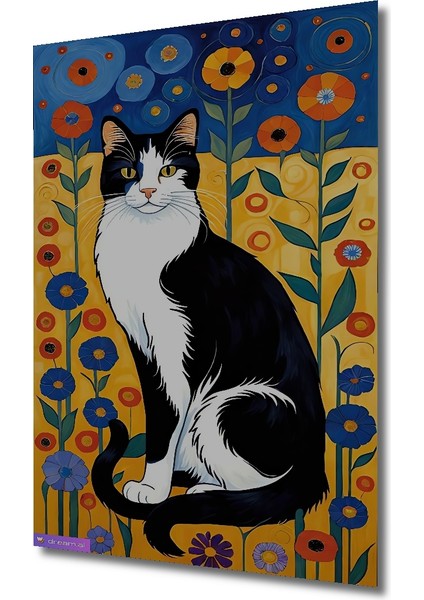 Siyah Beyaz Kedi Renkli Çiçekler Yağlı Boya Görünümlü Dekoratif Ahşap Tablo Dikdörtgen Tablo modelleri