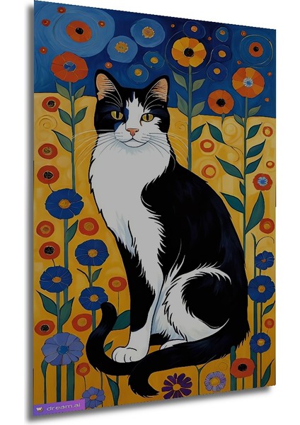 Siyah Beyaz Kedi Renkli Çiçekler Yağlı Boya Görünümlü Dekoratif Ahşap Tablo Dikdörtgen Tablo fırsatları