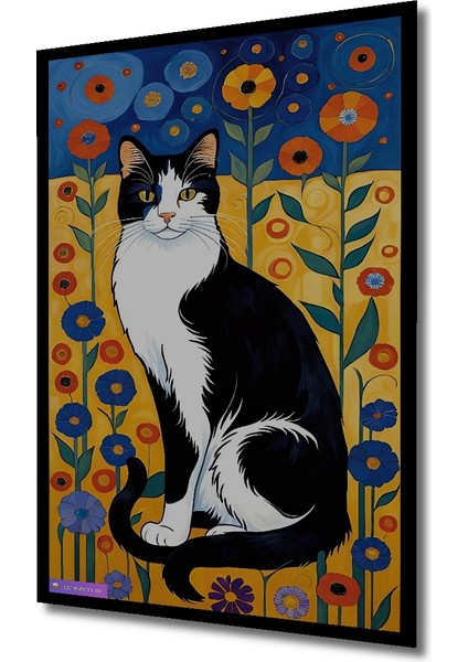 Siyah Beyaz Kedi Renkli Çiçekler Yağlı Boya Görünümlü Dekoratif Ahşap Tablo Dikdörtgen Tablo indirimleri