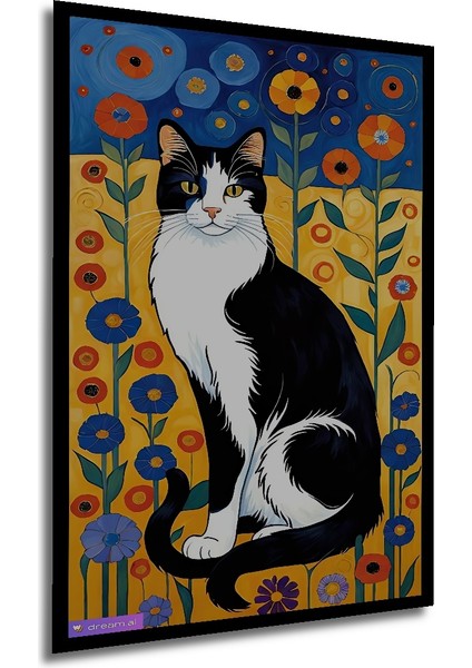 Siyah Beyaz Kedi Renkli Çiçekler Yağlı Boya Görünümlü Dekoratif Ahşap Tablo Dikdörtgen Tablo