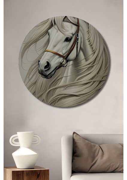 Beyaz Atın Görkemli Duruşu Kara Kalem Görünümlü Dekoratif Ahşap Tablo Yuvarlak Tablo
