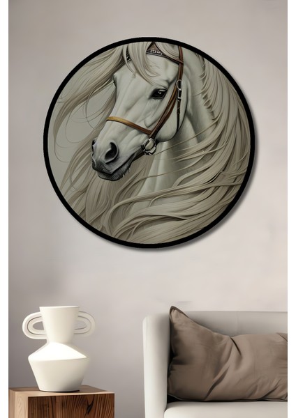 Beyaz Atın Görkemli Duruşu Kara Kalem Görünümlü Dekoratif Ahşap Tablo Yuvarlak Tablo fiyatları