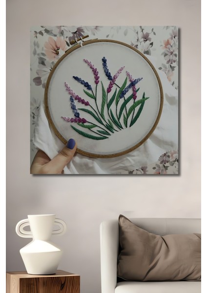 El Yapımı Nakışlı Ahşap Tablo Lavanta Bahçesi Suluboya Görünümlü Sanat Eseri Dikdörtgen Tablo