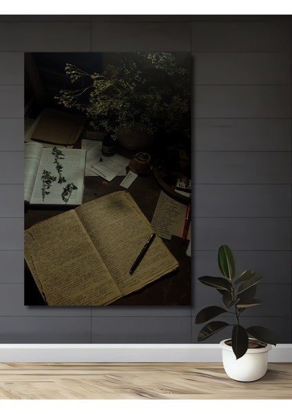 Bohem Sanat Yağlı Boya Görünümlü Ahşap Tablo Çalışma Masası Kitaplar Kalem Dikdörtgen Tablo