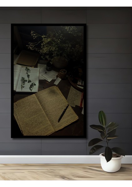 Bohem Sanat Yağlı Boya Görünümlü Ahşap Tablo Çalışma Masası Kitaplar Kalem Dikdörtgen Tablo fiyatları