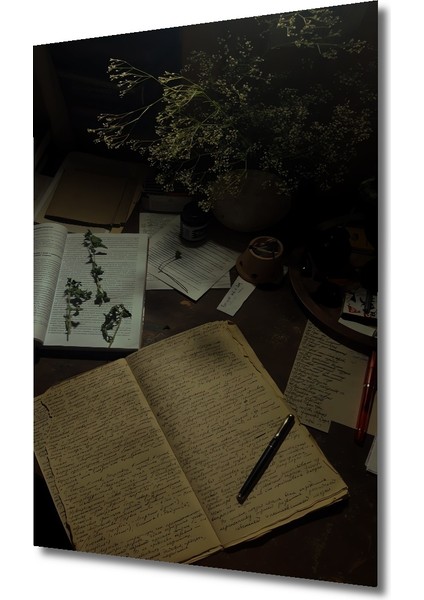 Bohem Sanat Yağlı Boya Görünümlü Ahşap Tablo Çalışma Masası Kitaplar Kalem Dikdörtgen Tablo modelleri