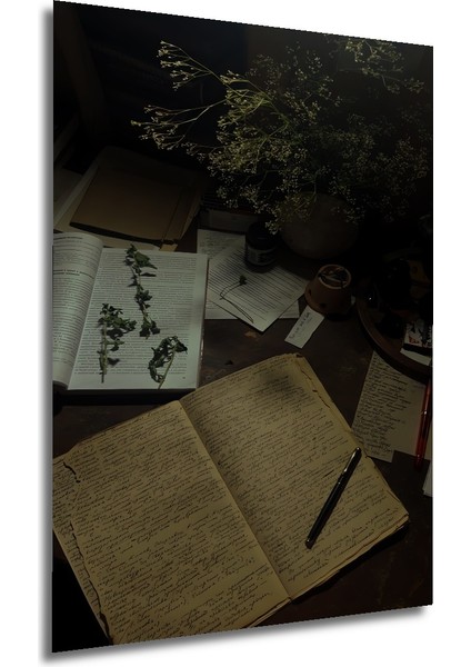 Bohem Sanat Yağlı Boya Görünümlü Ahşap Tablo Çalışma Masası Kitaplar Kalem Dikdörtgen Tablo fırsatları