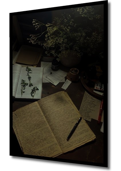 Bohem Sanat Yağlı Boya Görünümlü Ahşap Tablo Çalışma Masası Kitaplar Kalem Dikdörtgen Tablo indirimleri