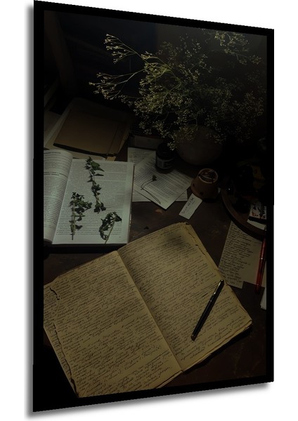 Bohem Sanat Yağlı Boya Görünümlü Ahşap Tablo Çalışma Masası Kitaplar Kalem Dikdörtgen Tablo