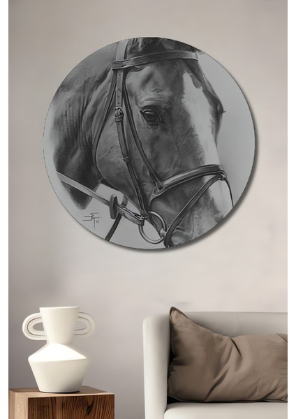 Atın Asil Bakışı Kara Kalem Görünümlü Dekoratif Ahşap Tablo Yuvarlak Tablo