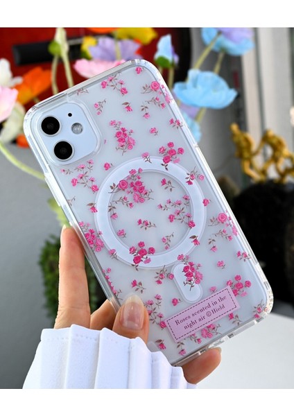 Iphone 11 Uyumlu Simli Çiçekli Gerçek Magsafe Özellikli Darbe Önleyici Şeffaf Silikon Kılıf