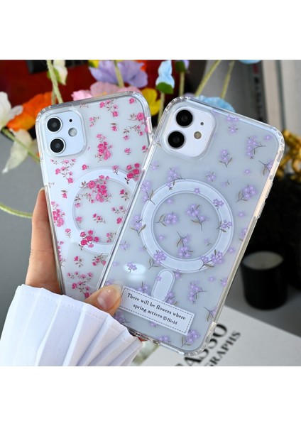 Iphone 11 Uyumlu Simli Çiçekli Gerçek Magsafe Özellikli Darbe Önleyici Şeffaf Silikon Kılıf