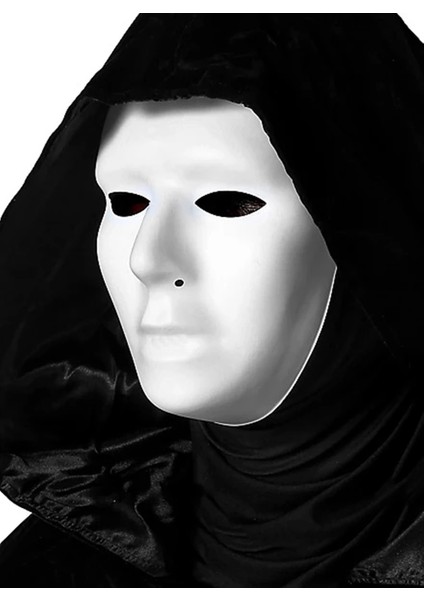 Siyah Kapüşonlu 120 cm Pelerin ve Beyaz Boyanabilir Tam Yüz Maske - Lisinya modelleri