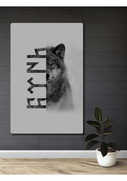 Bozkurt ve Göktürkçe Yazılı Kara Kalem Görünümlü Ahşap Dekoratif Tablo Dikdörtgen Tablo