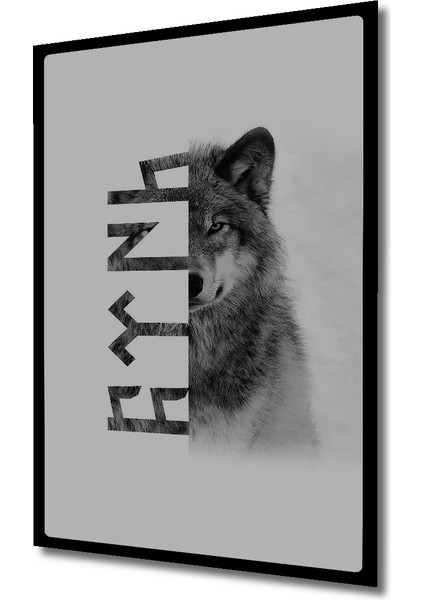 Bozkurt ve Göktürkçe Yazılı Kara Kalem Görünümlü Ahşap Dekoratif Tablo Dikdörtgen Tablo indirimleri