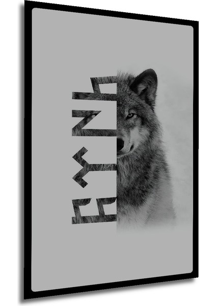 Bozkurt ve Göktürkçe Yazılı Kara Kalem Görünümlü Ahşap Dekoratif Tablo Dikdörtgen Tablo