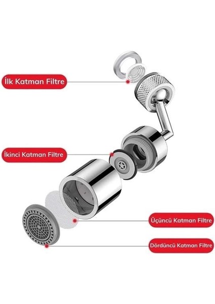 720 Derece Dönebilen 4 Filtreli Tüm Musluk Tipleri Ile Uyumlu Montaj Aparatlı Musluk Başlık ( Lisinya )