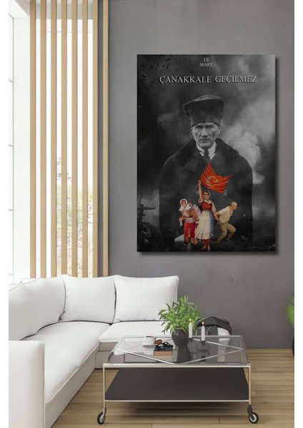 Kara Kalem Görünümlü 18 Mart Çanakkale Geçilmez Ahşap Dekoratif Tablo Dikdörtgen Tablo