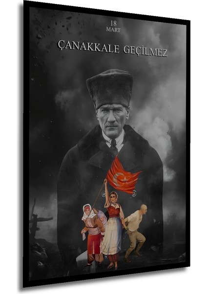 Kara Kalem Görünümlü 18 Mart Çanakkale Geçilmez Ahşap Dekoratif Tablo Dikdörtgen Tablo
