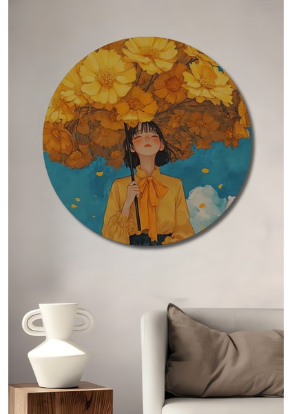 Sarı Çiçek Şemsiye Altında Kız Yağlı Boya Görünümlü Dekoratif Ahşap Tablo Yuvarlak Tablo