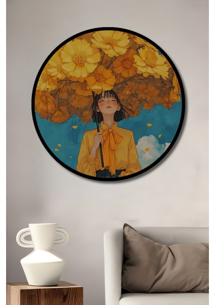 Sarı Çiçek Şemsiye Altında Kız Yağlı Boya Görünümlü Dekoratif Ahşap Tablo Yuvarlak Tablo fiyatları