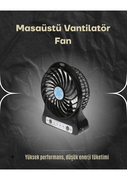 Şarjlı USB Fan – Masaüstü Mini Vantilatör, Taşınabilir, Işıklı, 3 Kademeli, Sessiz
