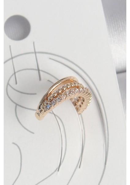 Pirinç Gold Renk Zirkon Taşlı 3'lü Sıralı Model Kadın Kıkırdak Küpe - Lisinya