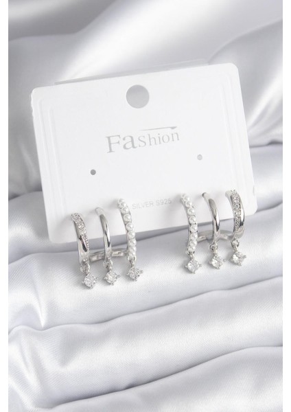 Pirinç Gümüş Renk Zirkon Taş Detay Incili Kadın Küpe - Lisinya