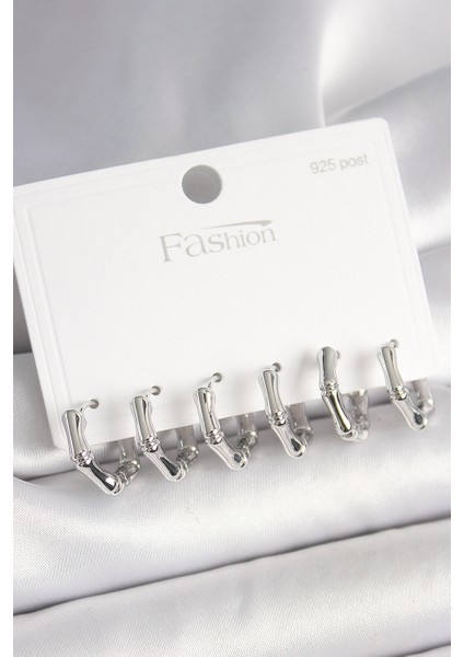 925 Ayar Gümüş Çivi Pirinç Gümüş Renk Bambu Halka Model Kadın Küpe Seti - Lisinya