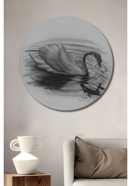 Siyah Beyaz Kara Kalem Görünümlü Kuğu Ahşap Dekoratif Tablo Yuvarlak Tablo