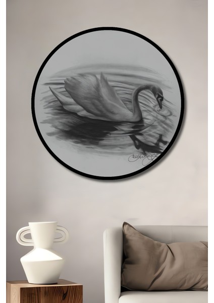 Siyah Beyaz Kara Kalem Görünümlü Kuğu Ahşap Dekoratif Tablo Yuvarlak Tablo fiyatları