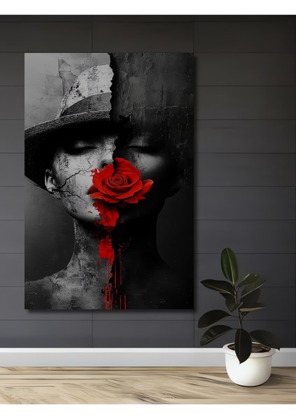 Gızemlı Kadın ve Kırmızı Gül Yağlı Boya Görünümlü Ahşap Dekoratif Tablo Dikdörtgen Tablo