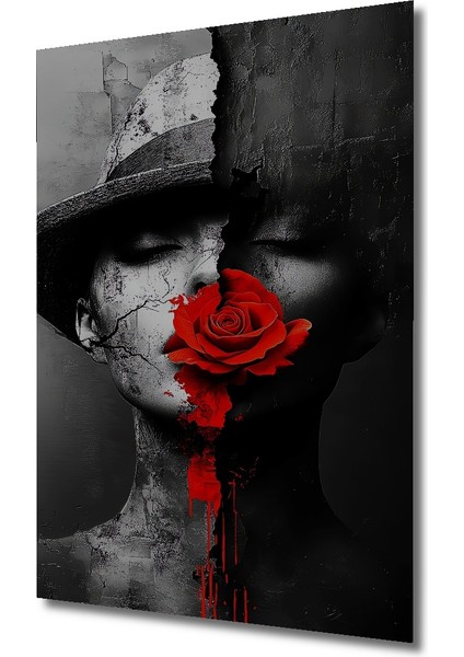 Gızemlı Kadın ve Kırmızı Gül Yağlı Boya Görünümlü Ahşap Dekoratif Tablo Dikdörtgen Tablo modelleri