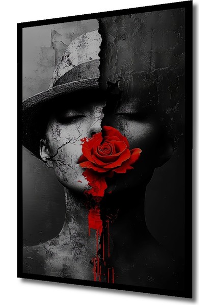 Gızemlı Kadın ve Kırmızı Gül Yağlı Boya Görünümlü Ahşap Dekoratif Tablo Dikdörtgen Tablo indirimleri