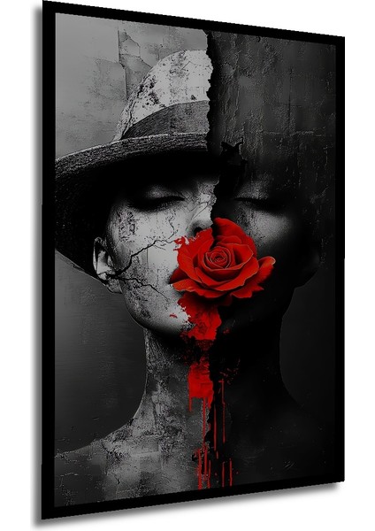 Gızemlı Kadın ve Kırmızı Gül Yağlı Boya Görünümlü Ahşap Dekoratif Tablo Dikdörtgen Tablo