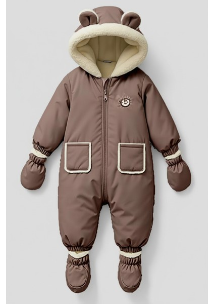 Sevimli Bear Soft Kumaş Içi Kürklü-Kapüşonlu-Cepli-Su Itici Bebek-Çocuk Astronot-Kozmonot Tulum