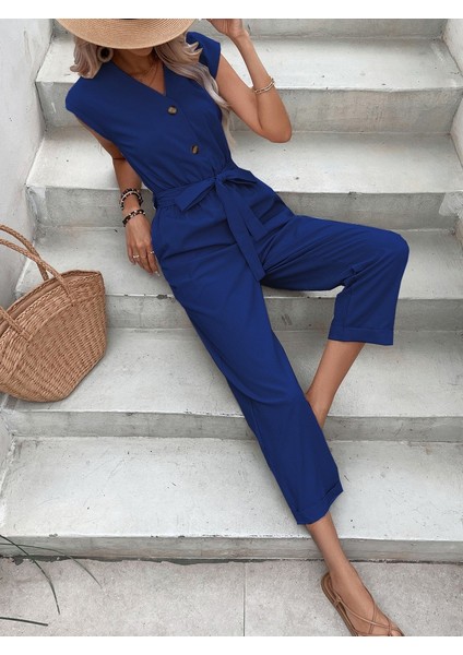 Keten Kadın V Yaka Tek Sıra Düğmeli Lacivert Kolsuz Tulum indirimleri