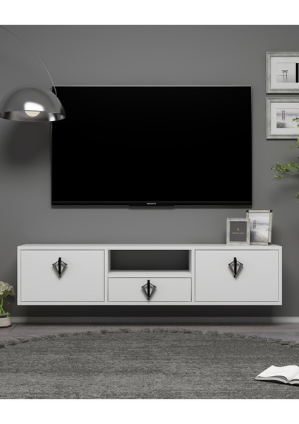 1315DROPDD-32 Duvara Montaj Tv Sehpası Beyaz-Gümüş