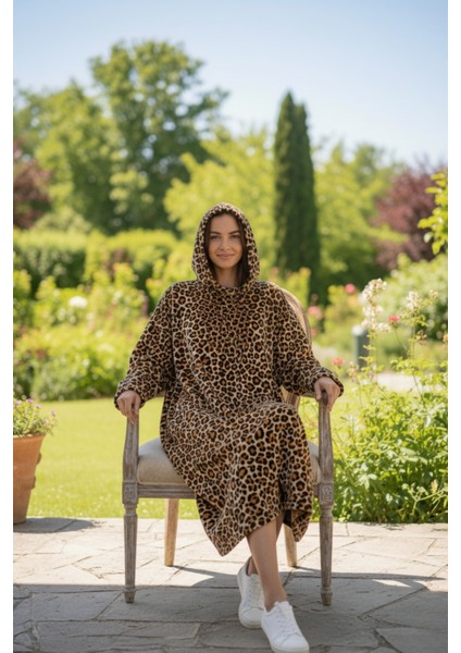 Serona Wellsoft Peluş Kapüşonlu Uzun Panço Yumuşak Dokulu Giyilebilir Tv Battaniyesi | Leopar L/xl fiyatları