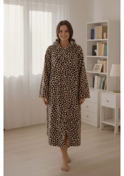 Serona Wellsoft Peluş Kapüşonlu Uzun Panço Yumuşak Dokulu Giyilebilir Tv Battaniyesi | Leopar L/xl