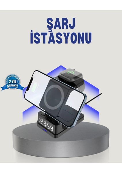 Kablosuz Şarj Cihazı ve Dijital Saat – 4’ü 1 Arada Hızlı Şarj, Apple Uyumlu, LED Işıklı