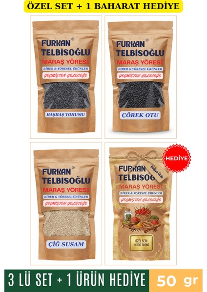 Çörek Otu 50GR + Haşhaş Tohumu 50GR + Çiğ Susam 50GR + 1 Baharat Hediye