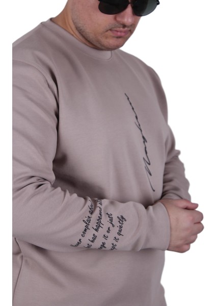 Mocgrande Büyük Beden Bisiklet Yaka Sweat Double Face 25707 Bej modelleri